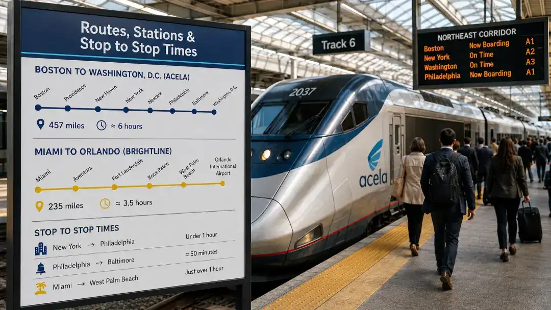 Fastest Train in USA routes, stations and stop-to-stop travel times