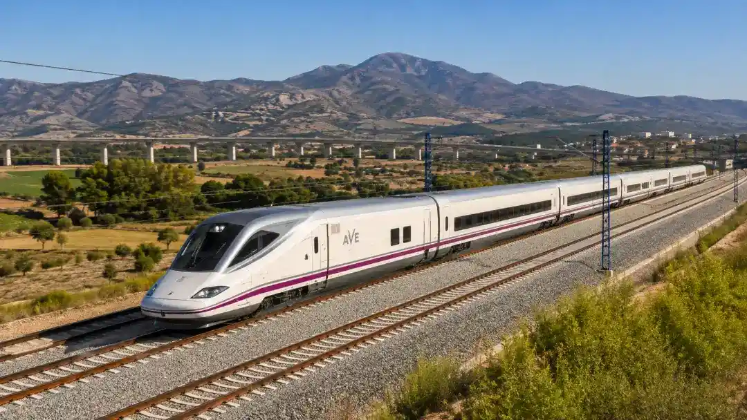 Fastest train Spain AVE traveling through the Spanish countryside