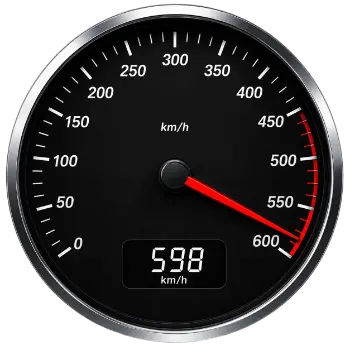 Speedometer Online 600 km/h analog speed meter with needle near maximum speed for accurate speed testing.